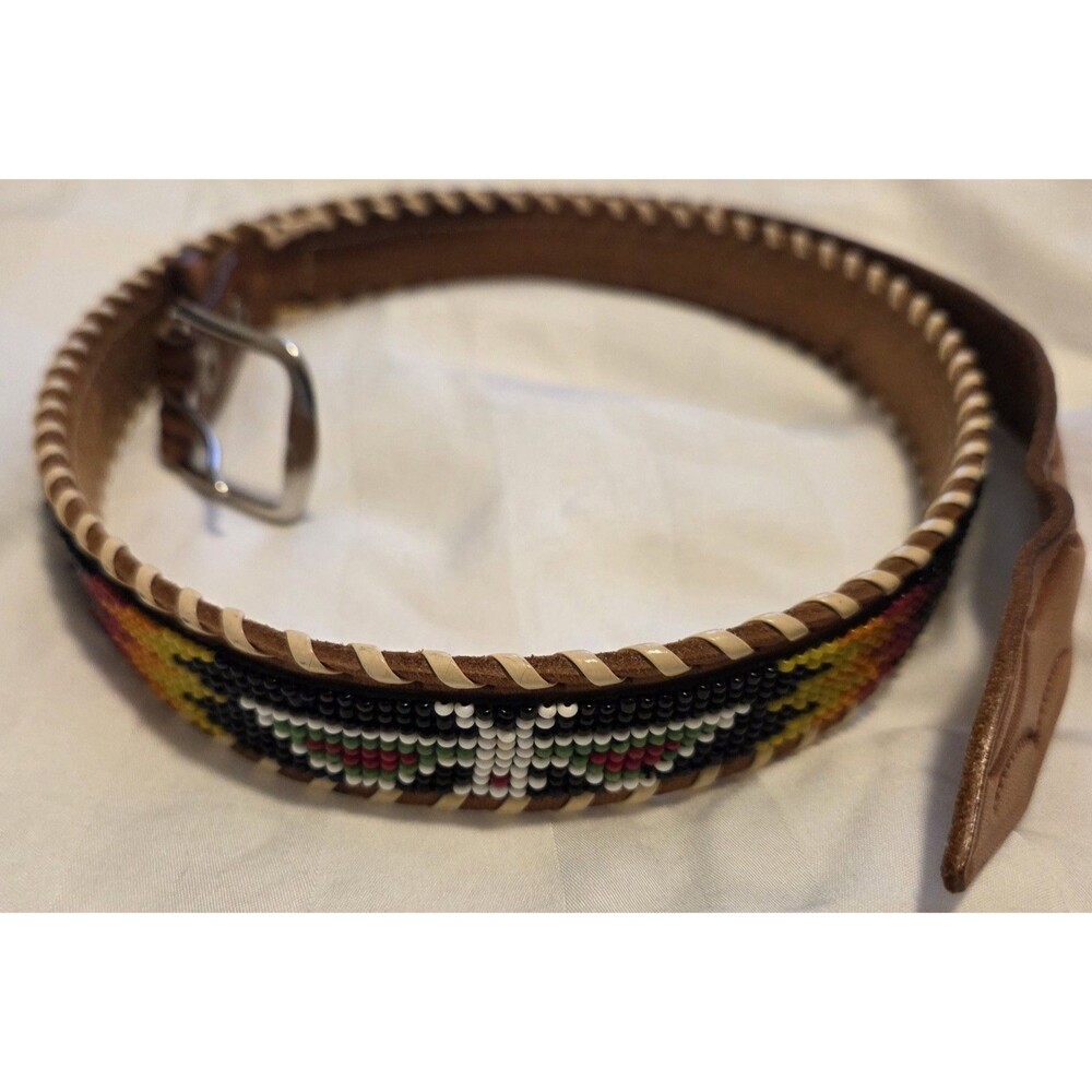 Vintage Hand Beaded Leather Belt Southwestern Thunderbird Brown Whipstitch "34"